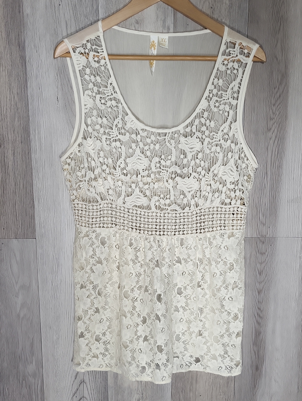 Adiva Womens XL Sheer Crochet Lace Tank Top White Boho Floral Whimsical